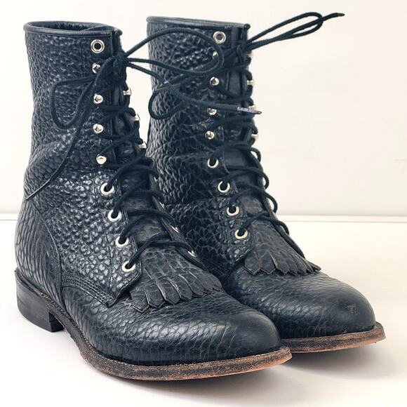 Vintage Justin Black Leather Roper Boots Lace-up Western Men's Sz 8.5D - Picture 1 of 9